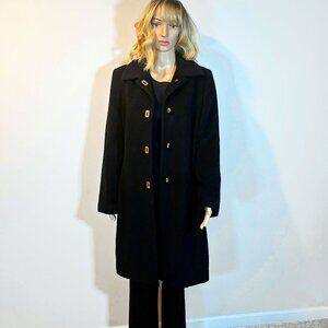 Dana Buchman Women’s Wool Evening Coat Black Size 10 Brass Button Mid-Length